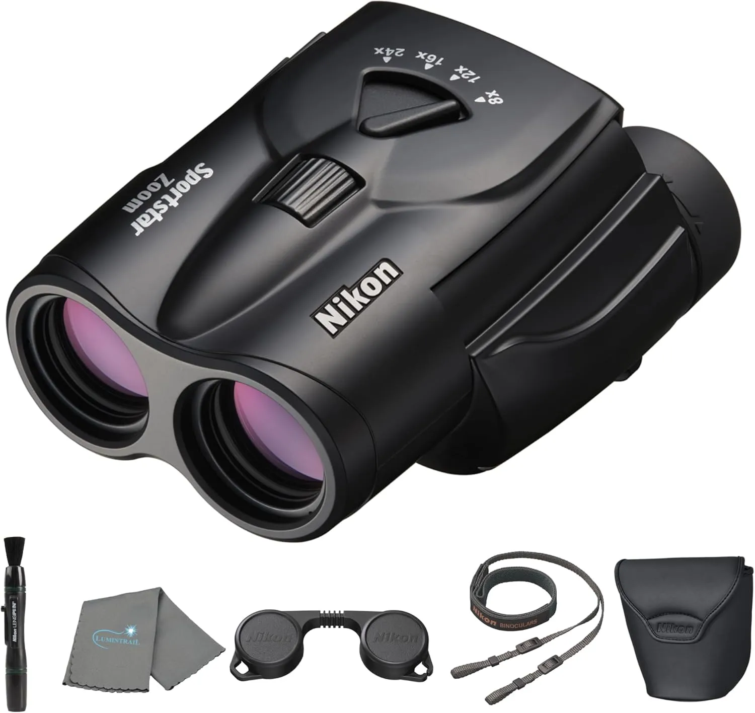 Nikon Sportstar Zoom 8-24x25 (16736) Small Black Variable Zoom Binoculars with Nikon Lens Pen and Cleaning Cloth - Compact Binoculars for Adults, for Sports Watching, Wildlife, and Hiking