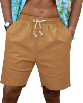 NITAGUT Mens Linen Shorts Classic Fit Short Elastic Waist Drawstring Summer Beach Shorts