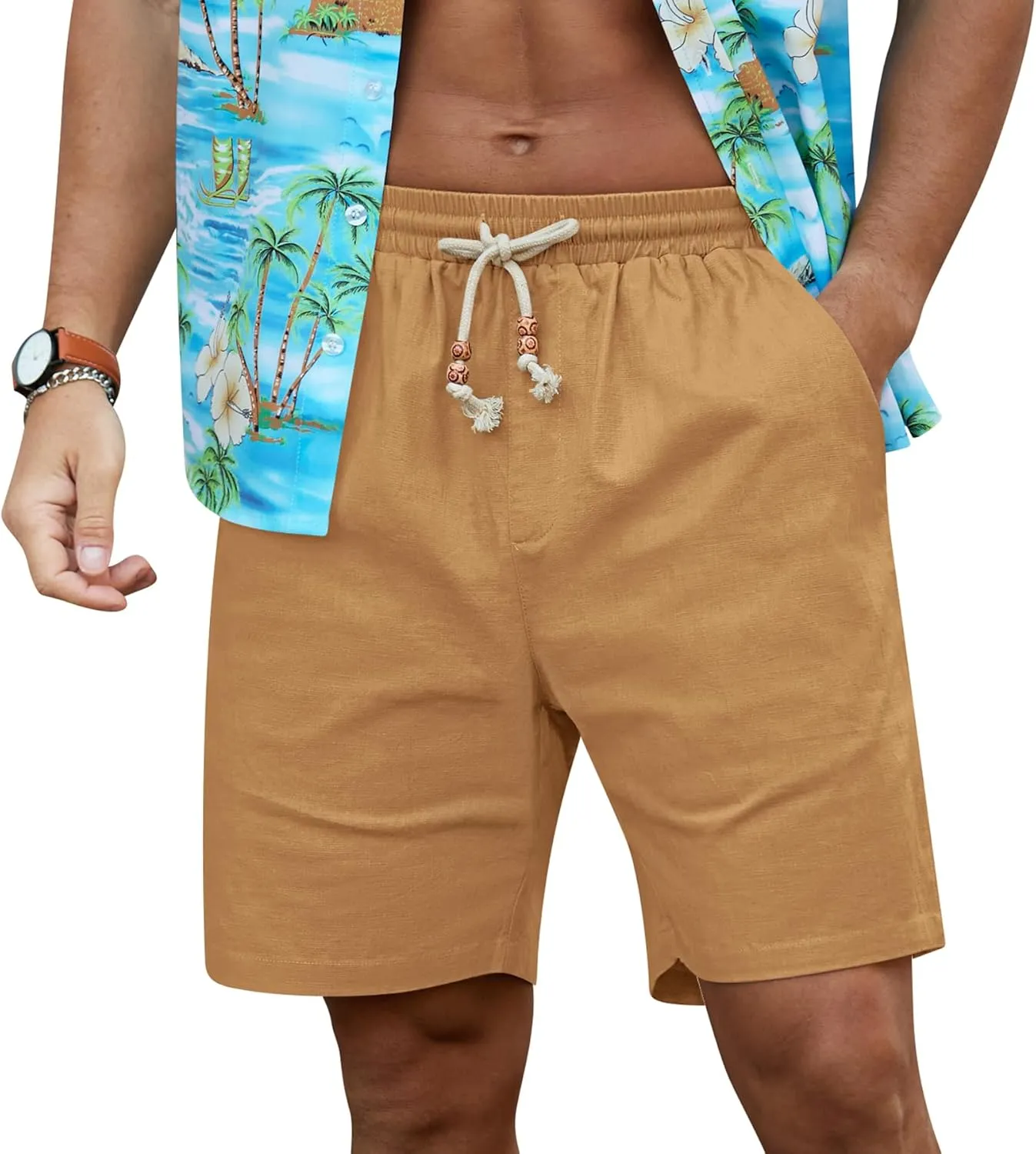 NITAGUT Mens Linen Shorts Classic Fit Short Elastic Waist Drawstring Summer Beach Shorts
