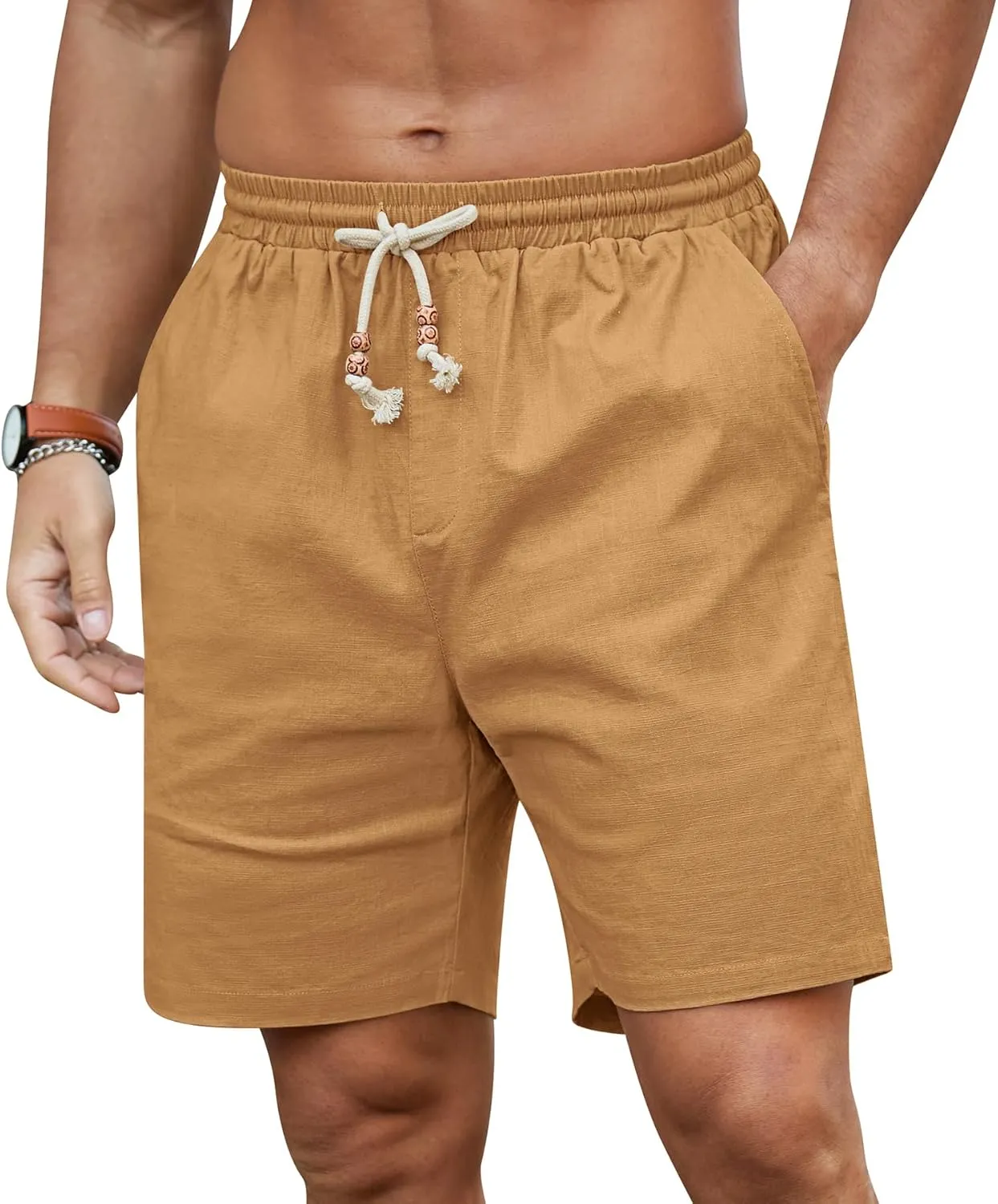 NITAGUT Mens Linen Shorts Classic Fit Short Elastic Waist Drawstring Summer Beach Shorts