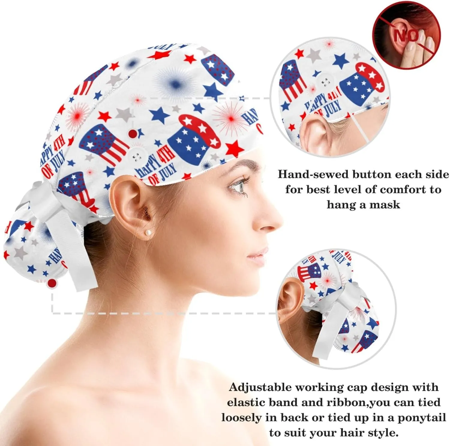 Scrub Caps Women, Adjustable Surgical Caps with Ponytail and Buttons, Bow Hair Scrunchy for Long Hair, 4th of July, Pentagram