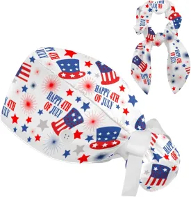 Scrub Caps Women, Adjustable Surgical Caps with Ponytail and Buttons, Bow Hair Scrunchy for Long Hair, 4th of July, Pentagram
