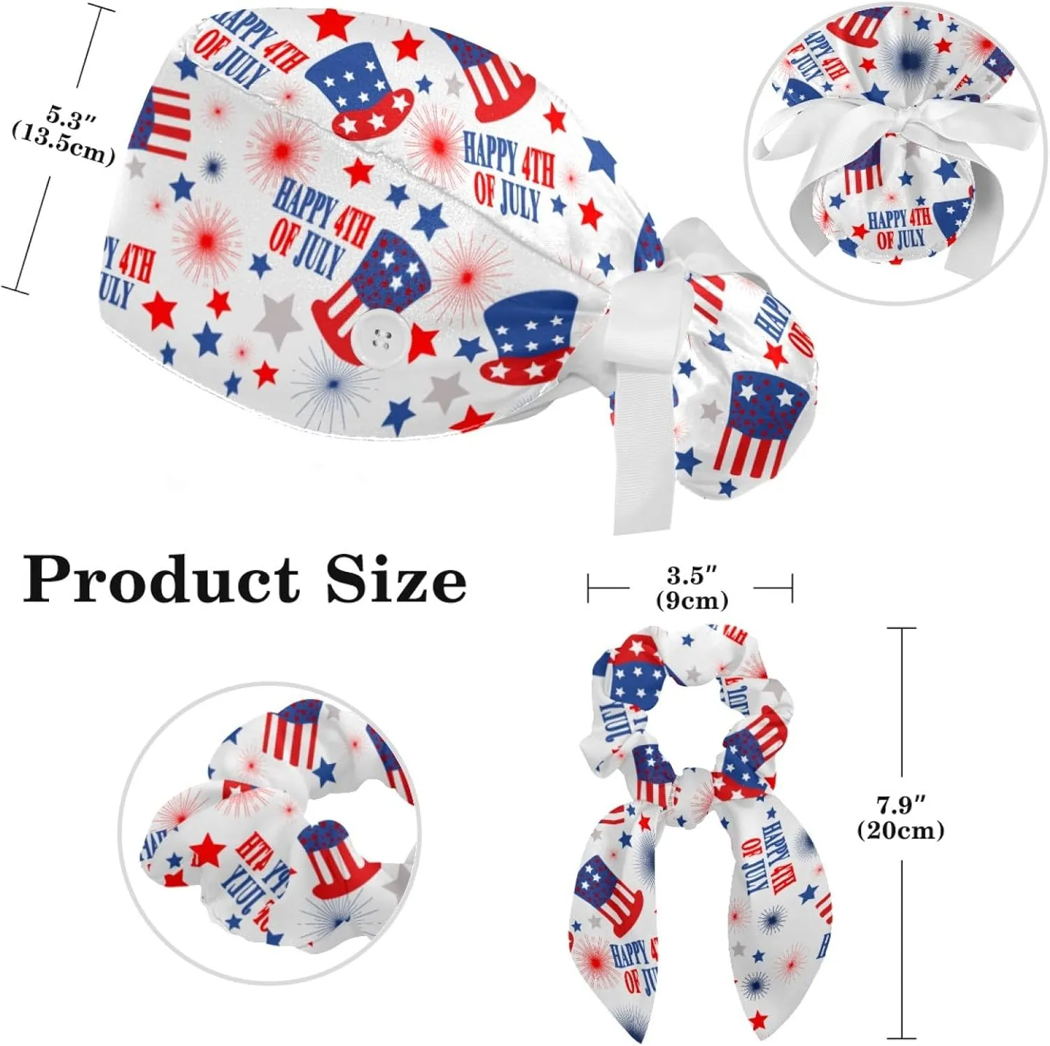 Scrub Caps Women, Adjustable Surgical Caps with Ponytail and Buttons, Bow Hair Scrunchy for Long Hair, 4th of July, Pentagram