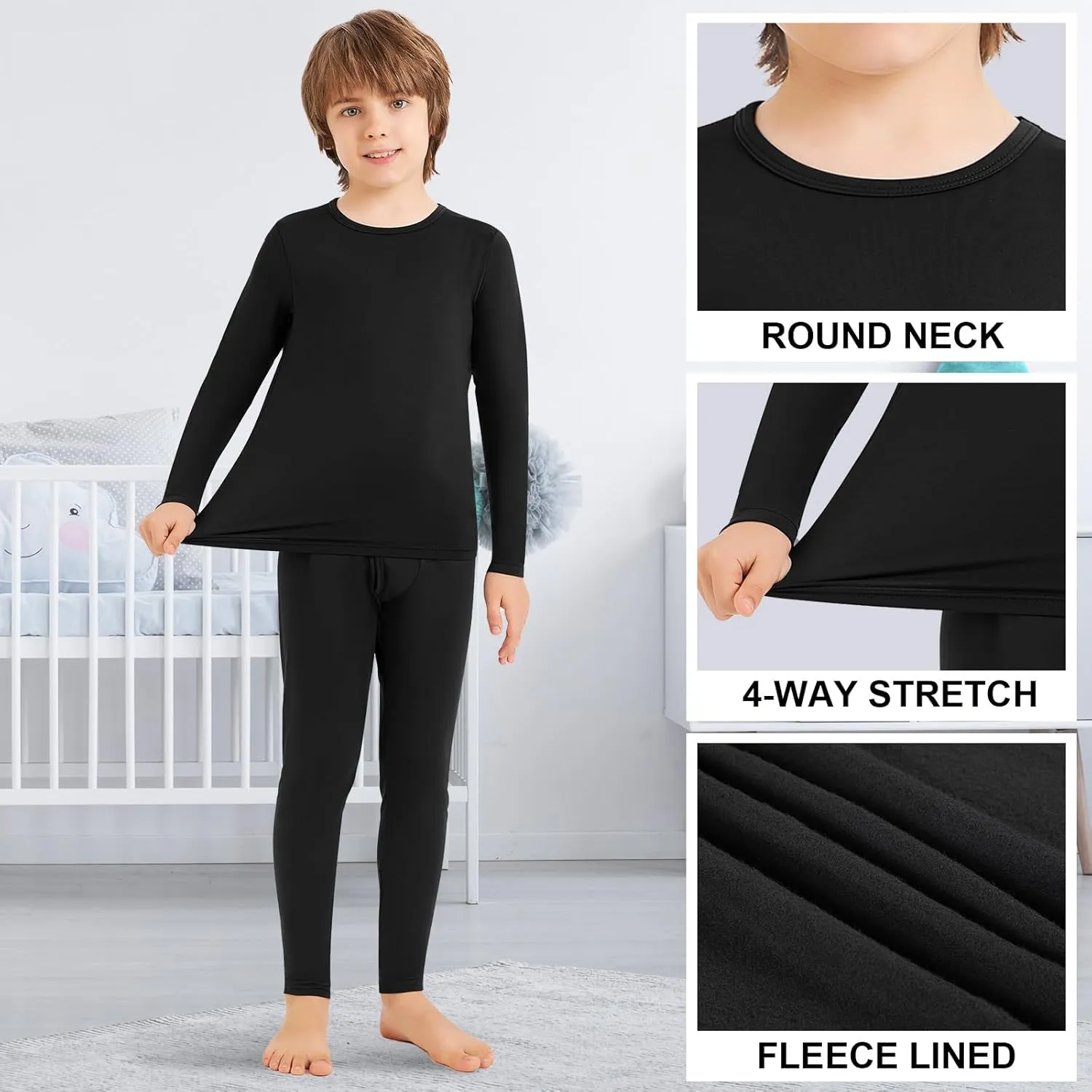 Silkfly 2 Sets Boys Thermal Underwear Fleece Lined Compression Shirt Leggings Pants Kids Base Layer