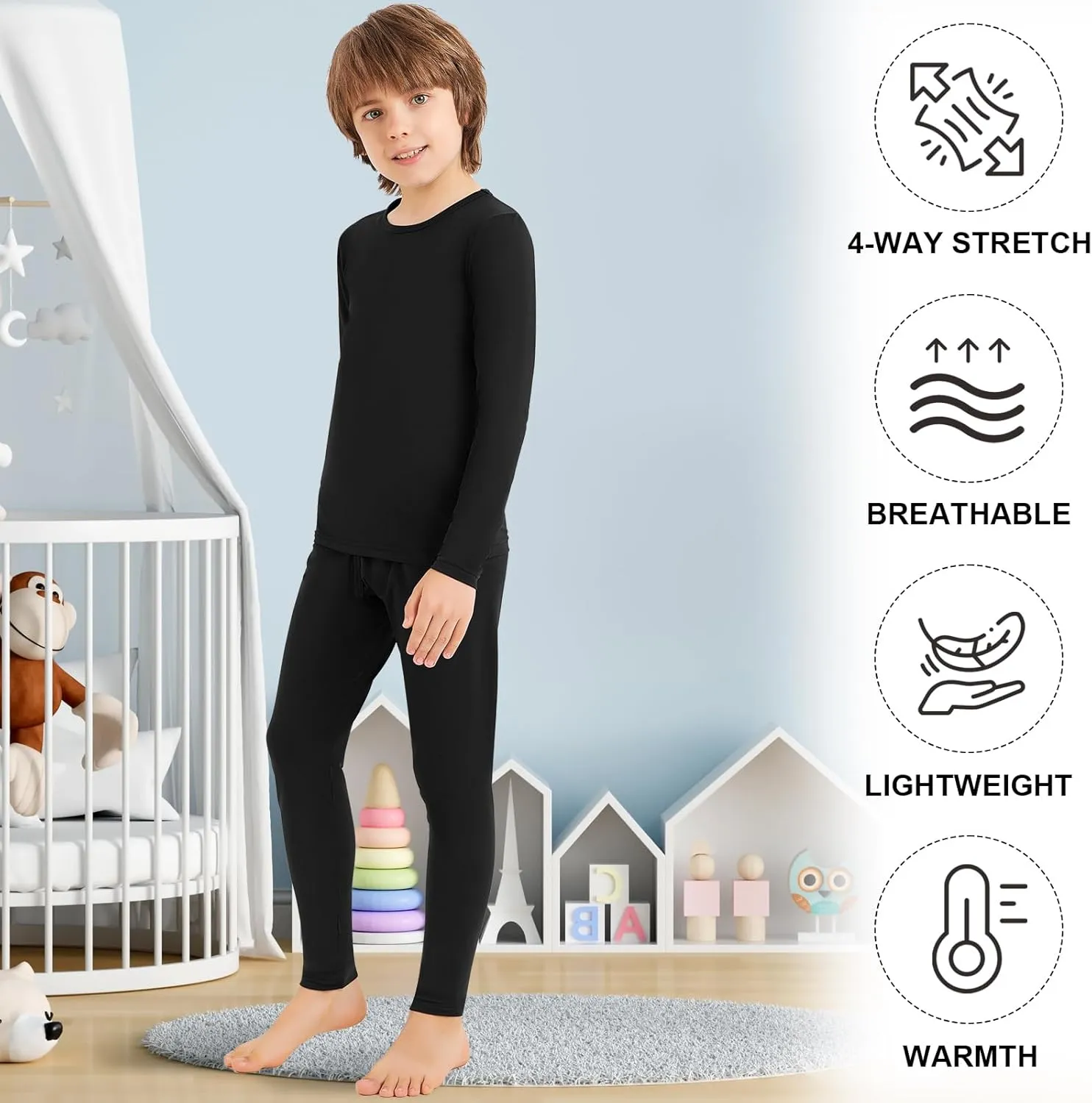 Silkfly 2 Sets Boys Thermal Underwear Fleece Lined Compression Shirt Leggings Pants Kids Base Layer