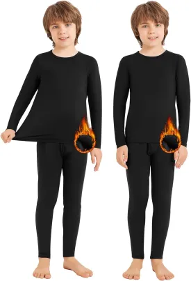 Silkfly 2 Sets Boys Thermal Underwear Fleece Lined Compression Shirt Leggings Pants Kids Base Layer