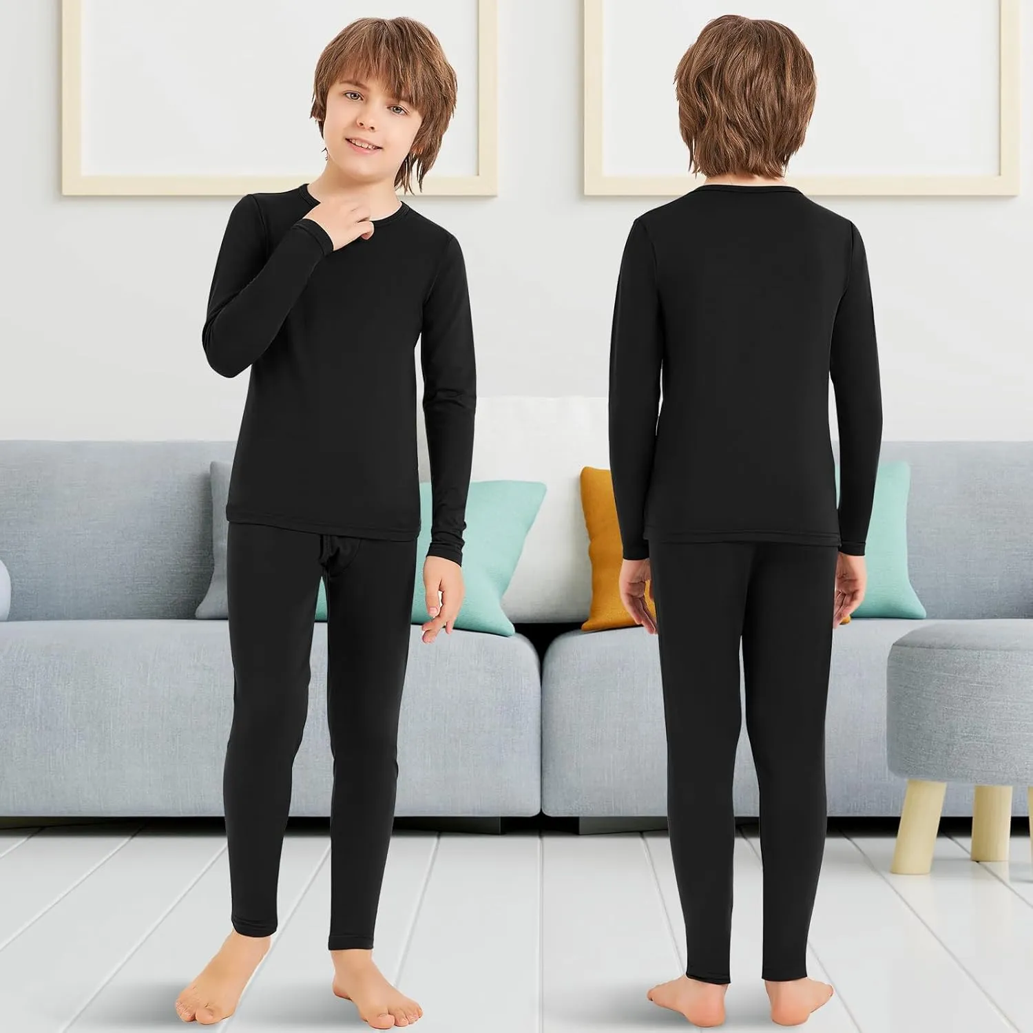 Silkfly 2 Sets Boys Thermal Underwear Fleece Lined Compression Shirt Leggings Pants Kids Base Layer