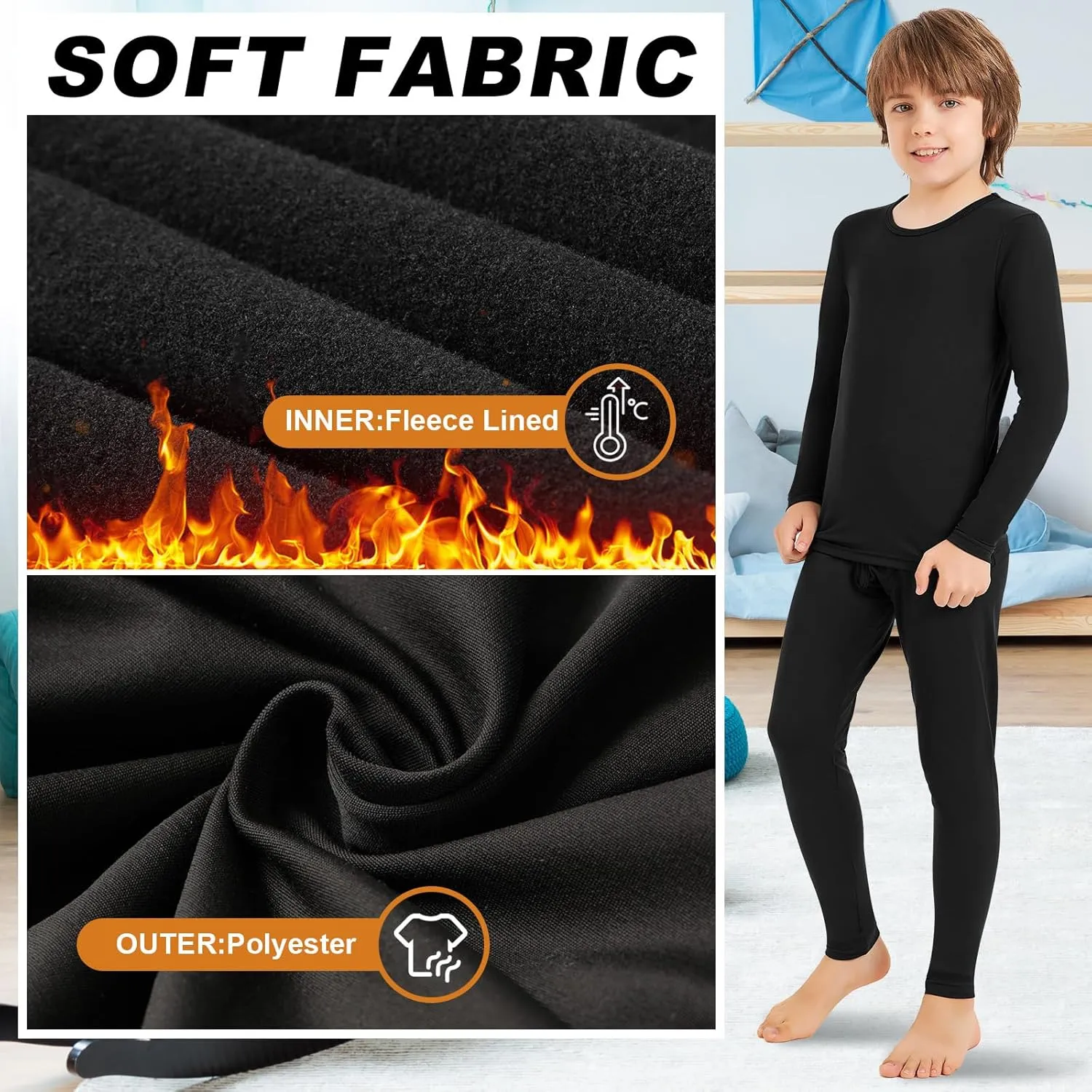 Silkfly 2 Sets Boys Thermal Underwear Fleece Lined Compression Shirt Leggings Pants Kids Base Layer