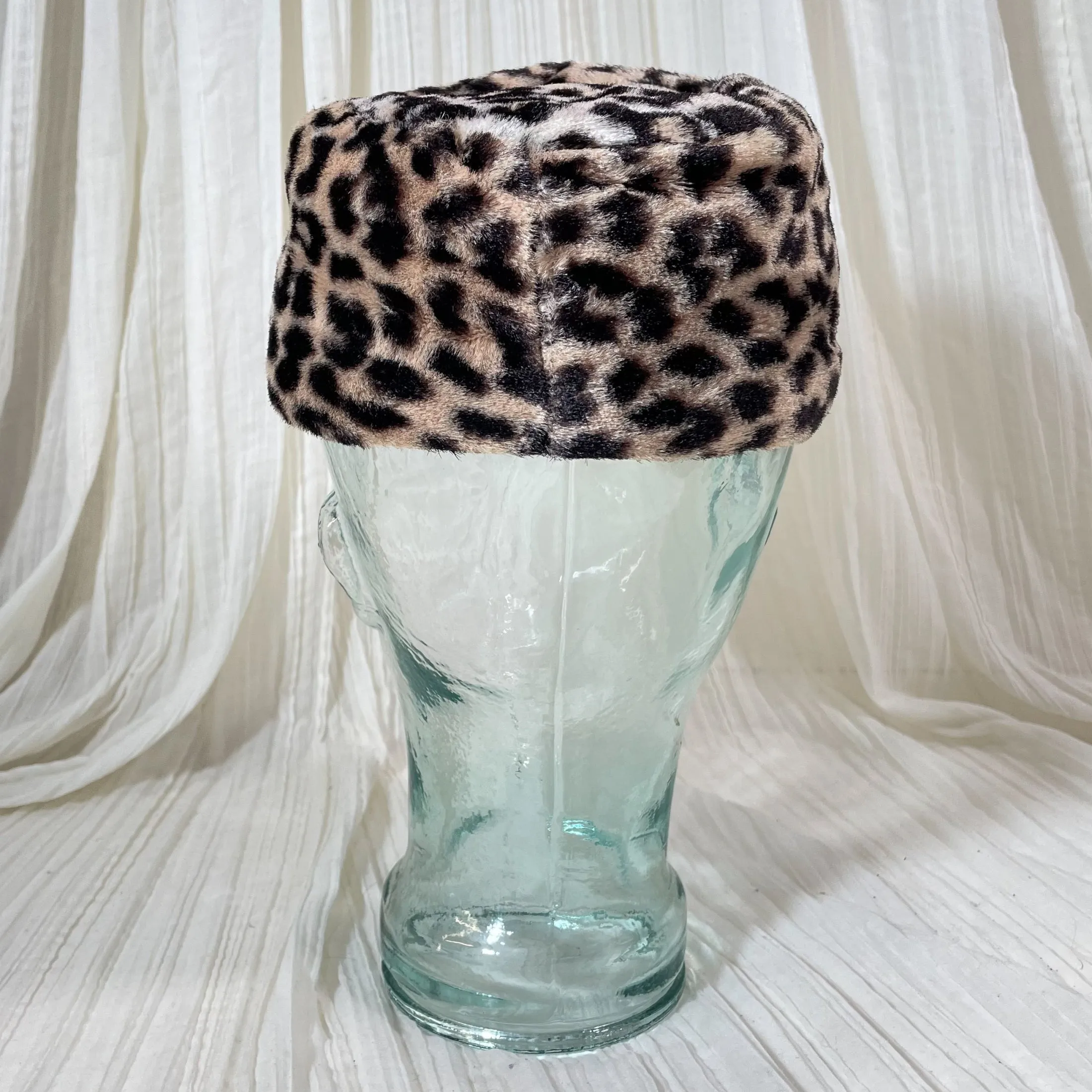 SOLD Vintage 60s Leopard Faux Fur Pill Box Hat S