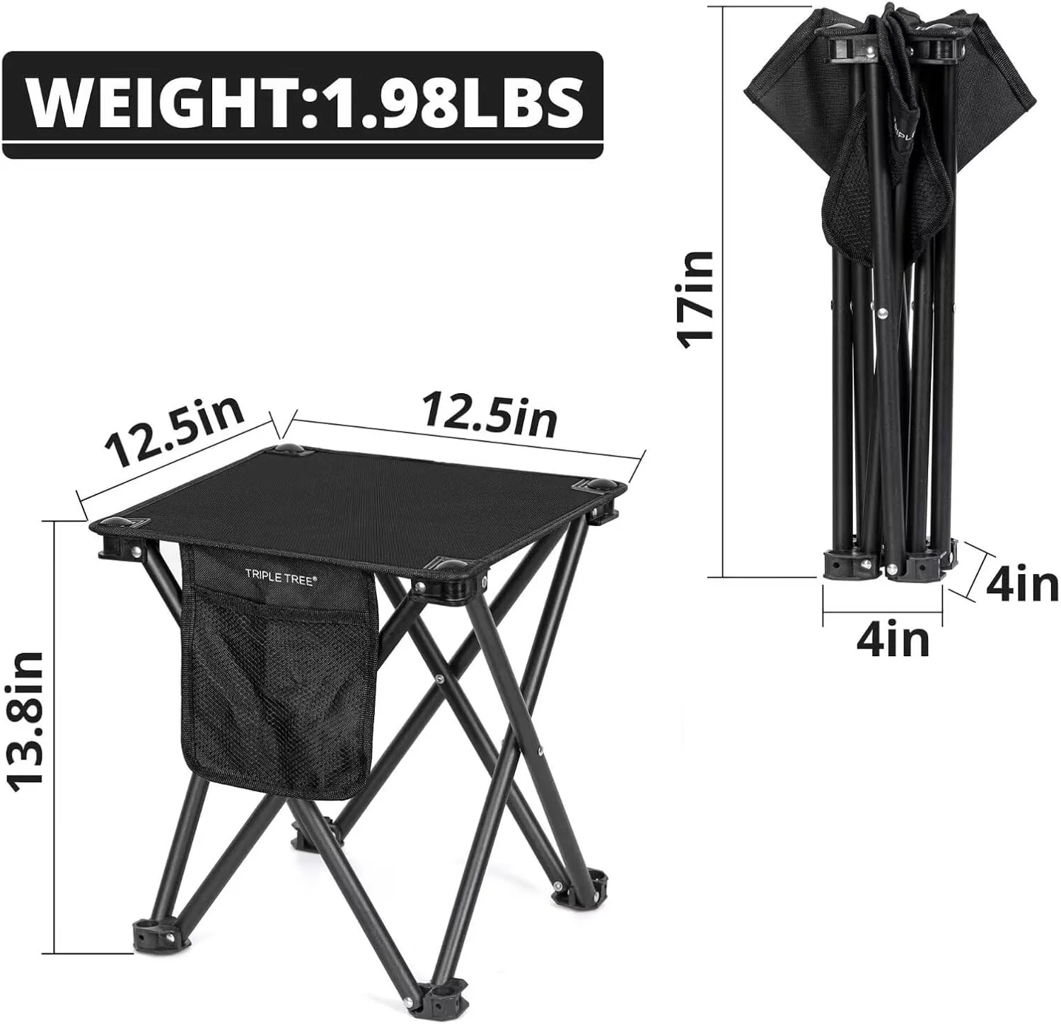 TRIPLE TREE 1 Pack Camping Stool, 13.8 Inch Portable Folding Stool for Outdoor Walking Hiking Fishing 400 LBS Capacity with Carry Bag, Black