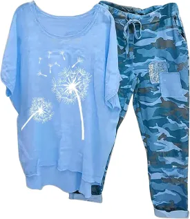 Two Piece Summer Outfits for Women Casual Cotton Linen Sets Oversized T Shirts Camo Capri Pants 2025 Resort Wear