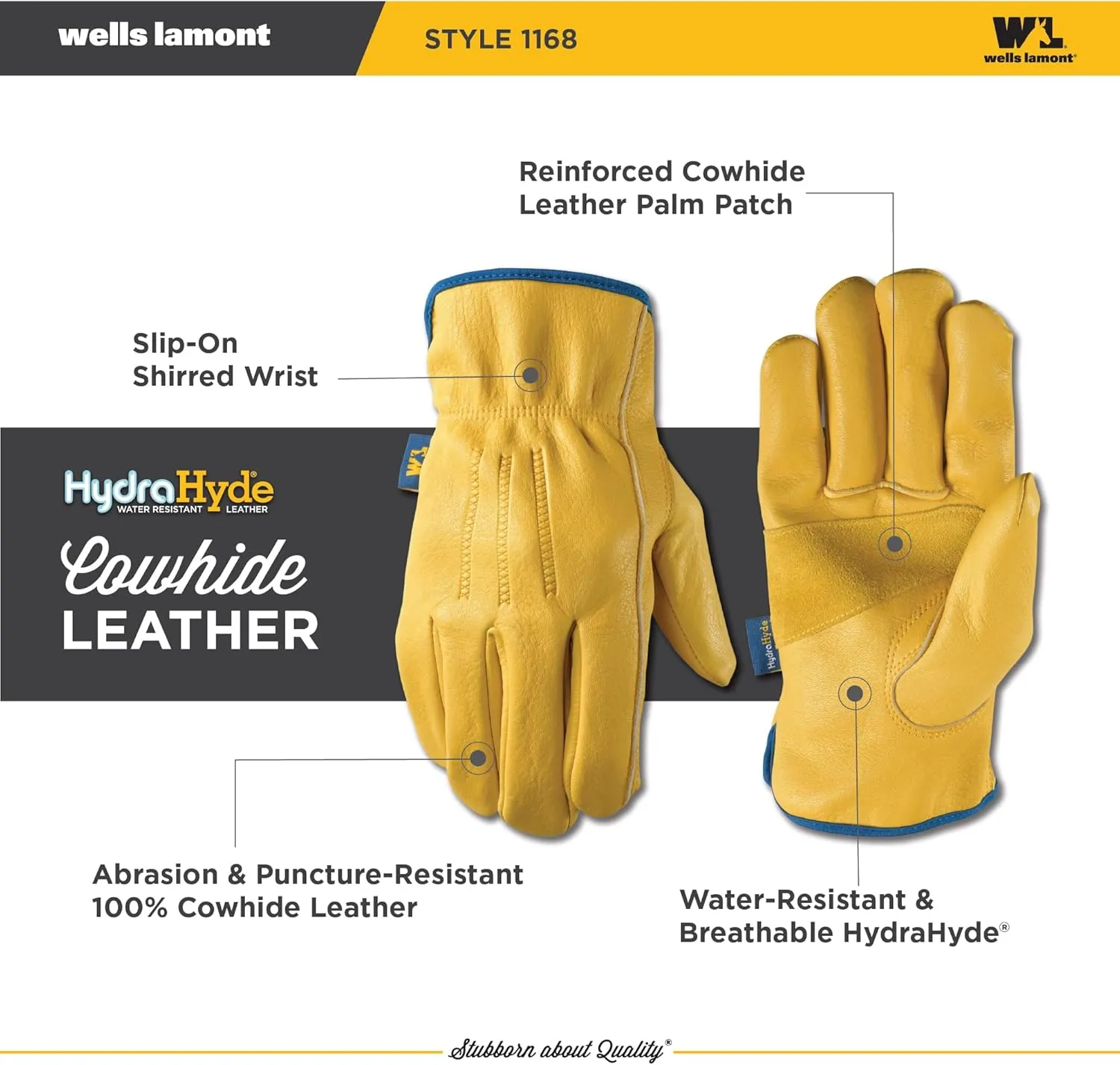 Wells Lamont Mens Slip-On HydraHyde Full Leather Work Gloves | Water-Resistant | Large (1168L)
