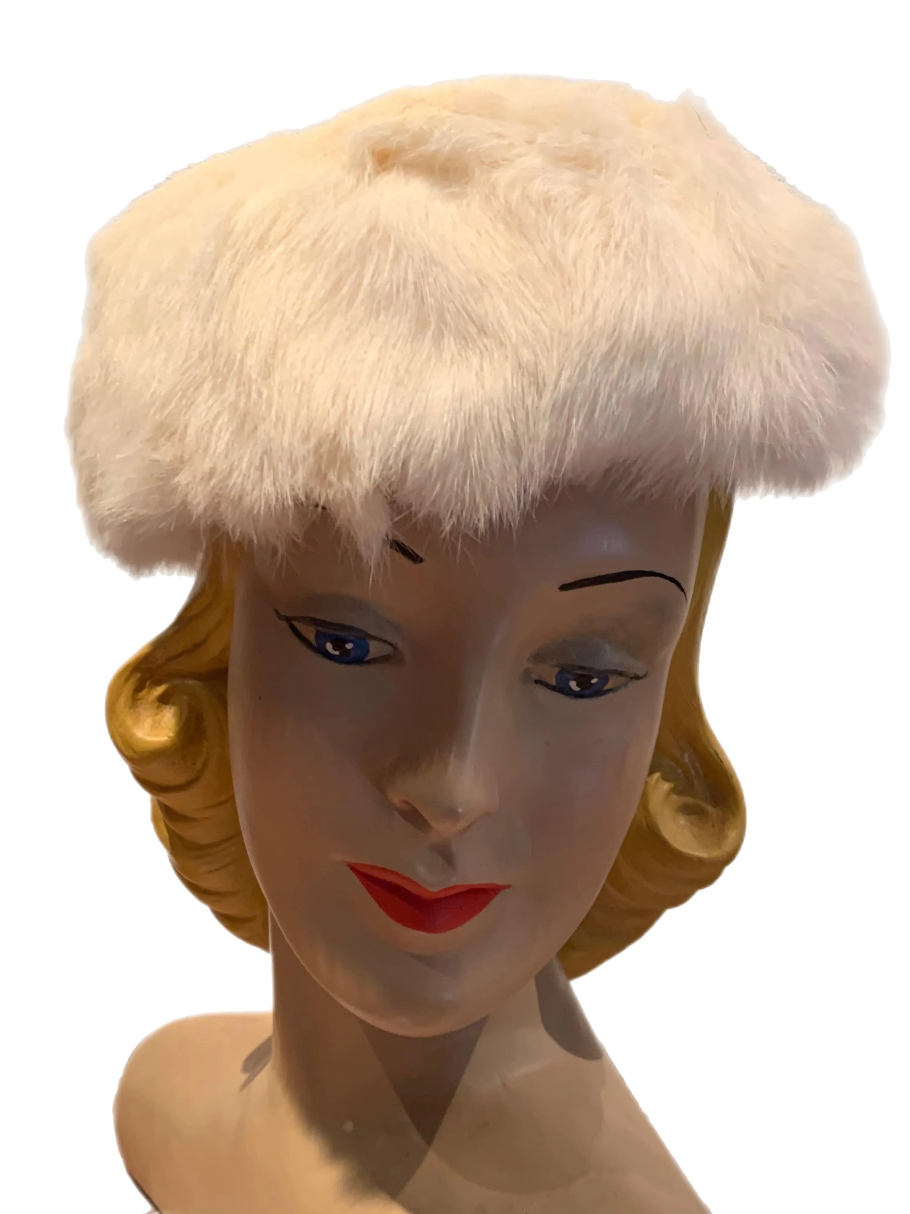 White Rabbit Fur Wintry Pill Box Hat circa 1960s