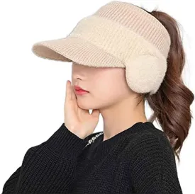 Women's Fashion Ear Guard Knit Cap-Winter Fleece Ponytail Hat Baseball w Earflap