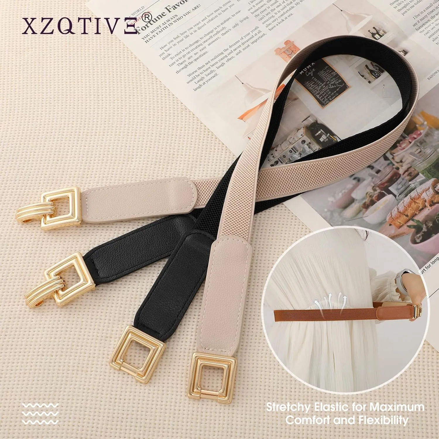 XZQTIVE 2 Pack Women Skinny Stretchy Cinch Belt for Dresses, Thin Elastic Belt Ladies Waist Belt with Retro Gold Buckle