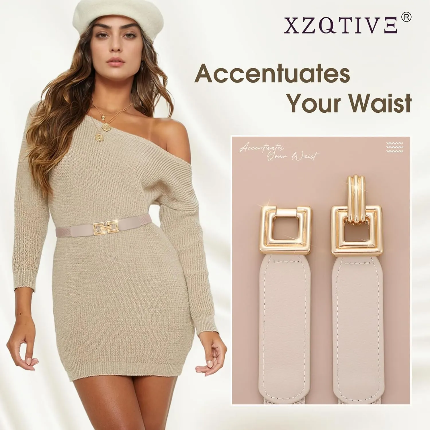 XZQTIVE 2 Pack Women Skinny Stretchy Cinch Belt for Dresses, Thin Elastic Belt Ladies Waist Belt with Retro Gold Buckle