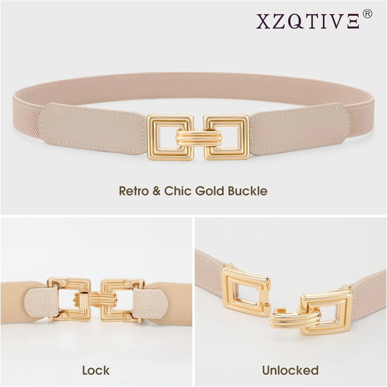 XZQTIVE 2 Pack Women Skinny Stretchy Cinch Belt for Dresses, Thin Elastic Belt Ladies Waist Belt with Retro Gold Buckle