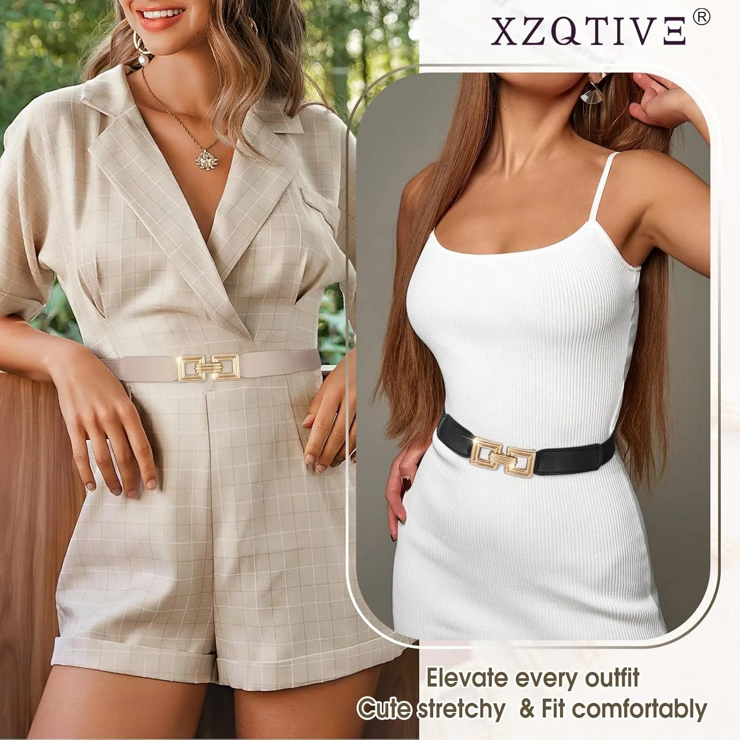 XZQTIVE 2 Pack Women Skinny Stretchy Cinch Belt for Dresses, Thin Elastic Belt Ladies Waist Belt with Retro Gold Buckle