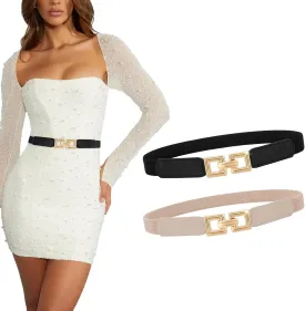 XZQTIVE 2 Pack Women Skinny Stretchy Cinch Belt for Dresses, Thin Elastic Belt Ladies Waist Belt with Retro Gold Buckle
