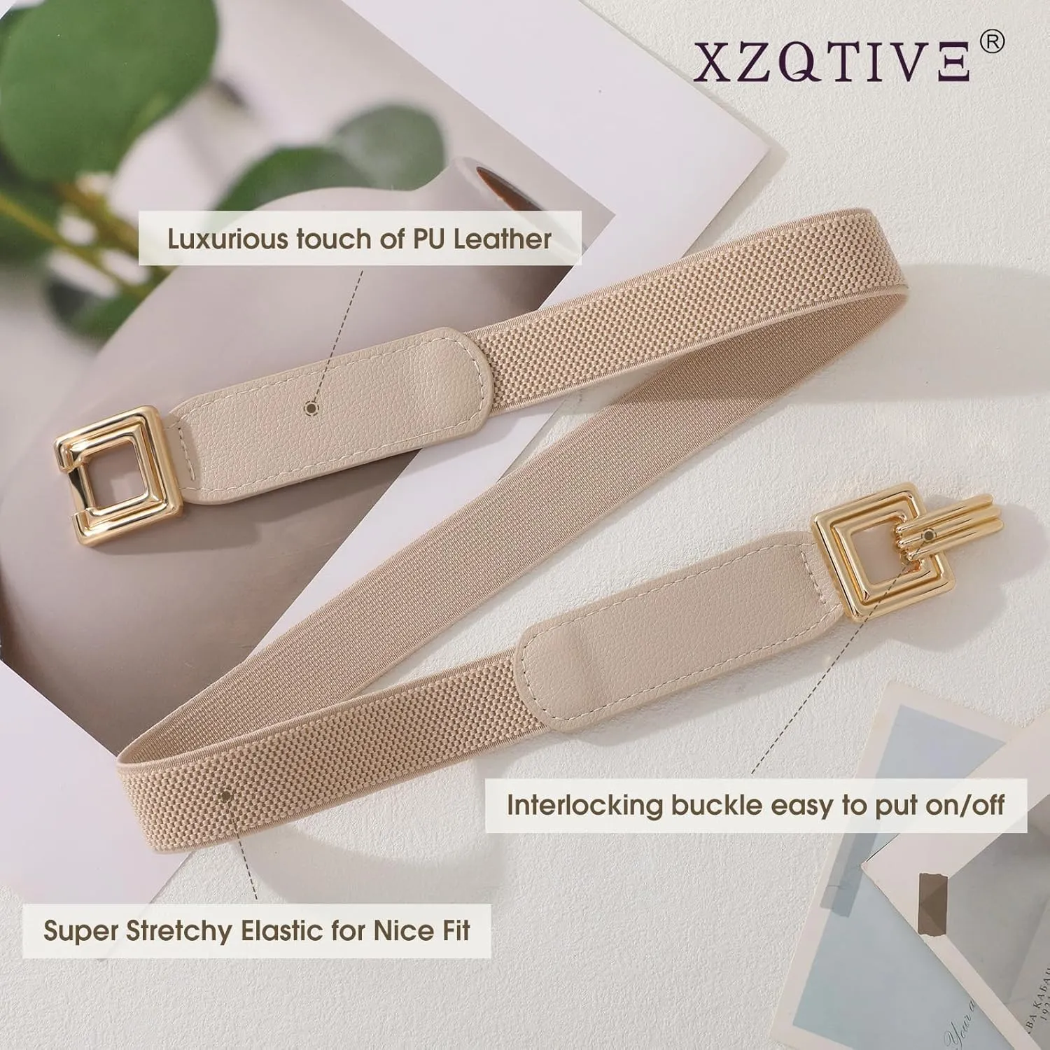 XZQTIVE 2 Pack Women Skinny Stretchy Cinch Belt for Dresses, Thin Elastic Belt Ladies Waist Belt with Retro Gold Buckle