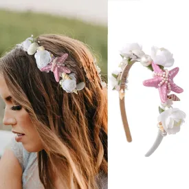 YBSHIN Starfish Headband Silver Pearl Bridal Hair Band Flower Hair Hoop Seashell Headpiece Beach Wedding Headwear for Women and Girls