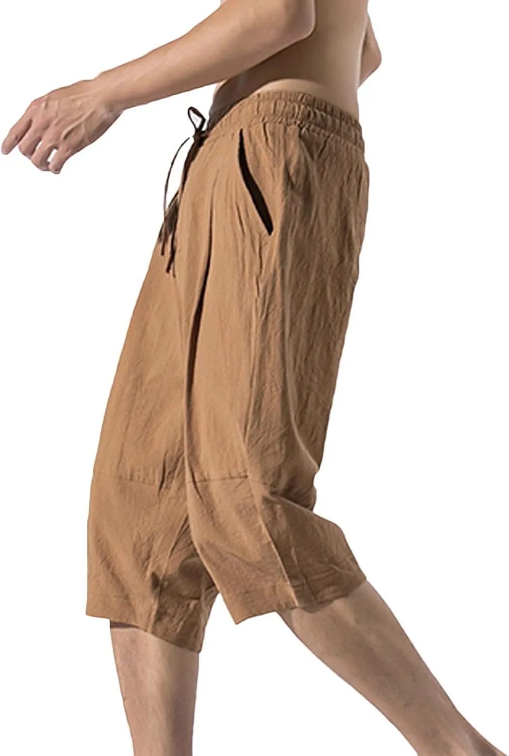 Zeiyignr Men's Cotton Linen Bermuda Shorts Casual Baggy Summer Drawstring Elastic Waist Knee Length Beach Shorts with Pockets