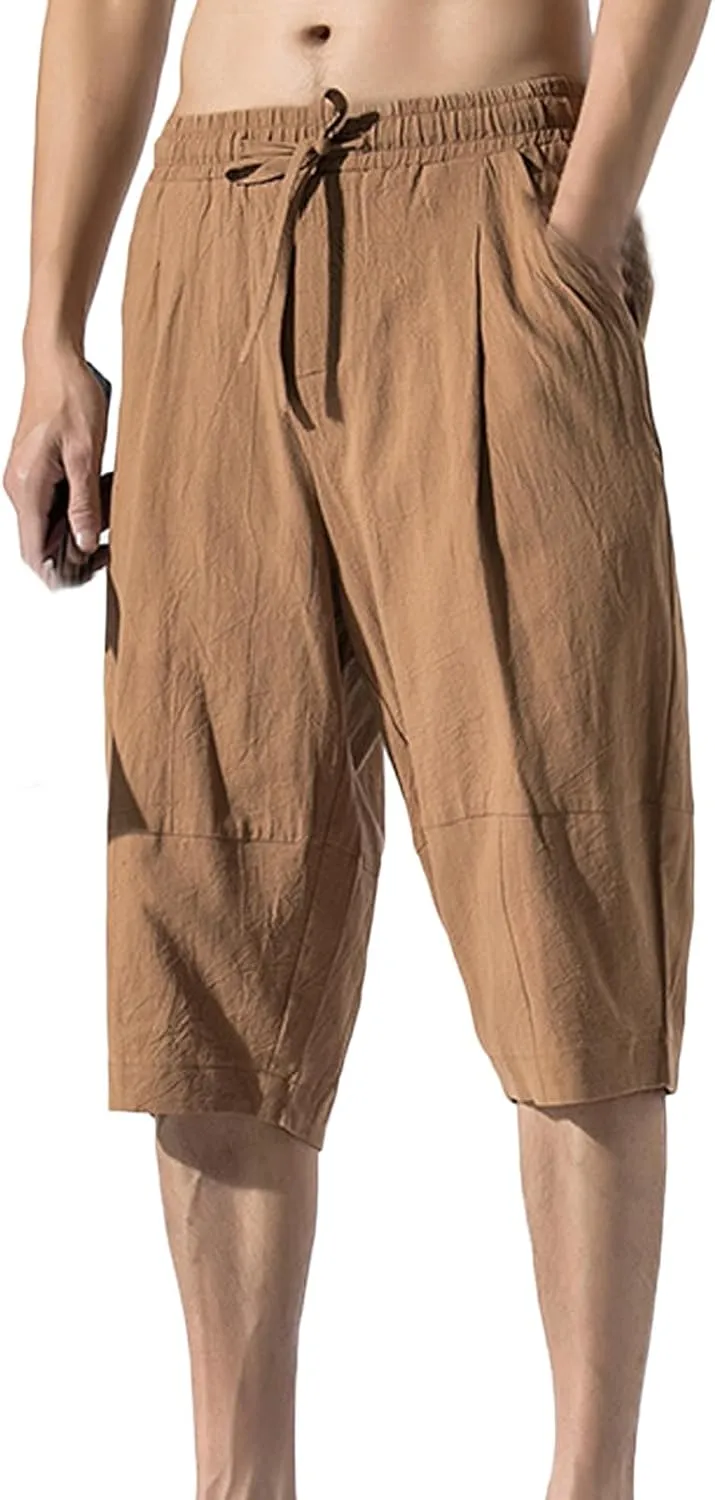 Zeiyignr Men's Cotton Linen Bermuda Shorts Casual Baggy Summer Drawstring Elastic Waist Knee Length Beach Shorts with Pockets