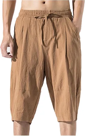 Zeiyignr Men's Cotton Linen Bermuda Shorts Casual Baggy Summer Drawstring Elastic Waist Knee Length Beach Shorts with Pockets
